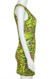 Green Sexy Print Backless Oblique Collar Sleeveless Dress Dresses