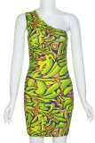 Green Sexy Print Backless Oblique Collar Sleeveless Dress Dresses