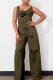 Army Green Casual Print Ripped Letter U Neck Sleeveless Two Pieces