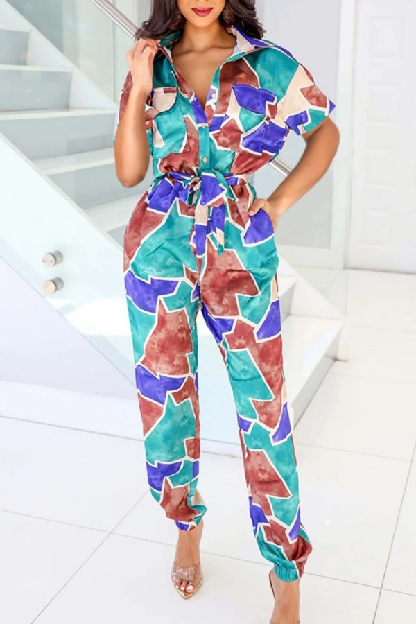 Blue Casual Print Patchwork Turndown Collar Regular Jumpsuits