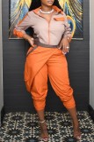 Green Casual Patchwork Contrast Turndown Collar Long Sleeve Two Pieces