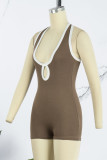 Brown Sexy Solid Hollowed Out Patchwork Backless Halter Skinny Rompers
