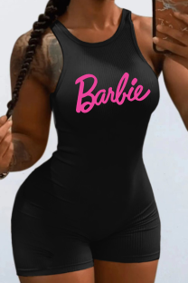 Black Sexy Print Letter O Neck Skinny Jumpsuits