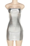 Silver Sexy Solid Backless Strapless Sleeveless Dress Dresses
