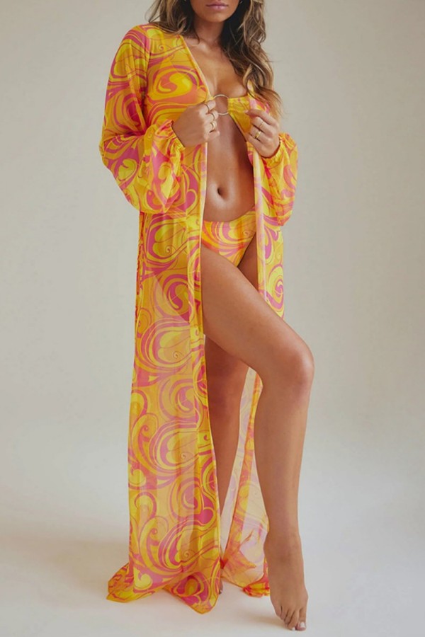 Yellow Sexy Casual Print Cardigan Swimsuit Three Piece Set