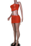 Orange Sexy Solid Hollowed Out Patchwork Frenulum Strapless Sleeveless Two Pieces