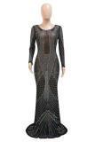 Black Sexy Formal Patchwork Hot Drilling See-through O Neck Long Dress Dresses