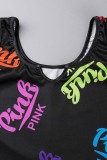 Black Sexy Casual Letter Print Basic V Neck Sleeveless Two Pieces