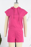 Rose Red Casual Solid Basic Hooded Collar Sleeveless Two Pieces