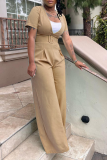 Camel Casual Solid With Belt O Neck Boot Cut Jumpsuits