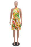 Yellow Casual Print Patchwork Turtleneck Sleeveless Dress Dresses