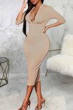 Black Sexy Solid Patchwork Draw String Backless Zipper Collar Pencil Skirt Dresses