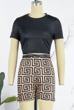 Black Casual Print Bandage O Neck Short Sleeve Two Pieces