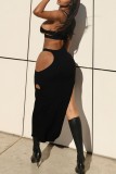 Black Sexy Solid Hollowed Out Slit V Neck Irregular Dress Dresses