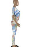 Colour Casual Print Tie Dye Patchwork O Neck Short Sleeve Two Pieces