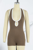 Brown Sexy Solid Hollowed Out Patchwork Backless Halter Skinny Rompers
