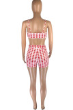 Red Casual Plaid Print Patchwork Spaghetti Strap Sleeveless Two Pieces