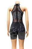 Black Sexy Solid Patchwork See-through Hot Drill O Neck Regular Rompers