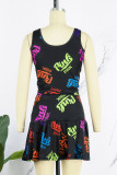 Black Sexy Casual Letter Print Basic V Neck Sleeveless Two Pieces