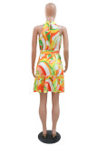 Yellow Casual Print Patchwork Turtleneck Sleeveless Dress Dresses