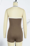 Brown Sexy Solid Hollowed Out Patchwork Backless Halter Skinny Rompers