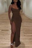 Blue Sexy Solid Patchwork Slit Fold Spaghetti Strap Sling Dress Dresses