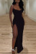 Black Sexy Solid Patchwork Slit Fold Spaghetti Strap Sling Dress Dresses