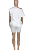 White Casual Solid Patchwork Oblique Collar Short Sleeve Two Pieces