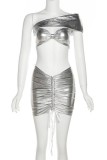 Silver Sexy Solid Hollowed Out Backless Oblique Collar Sleeveless Two Pieces