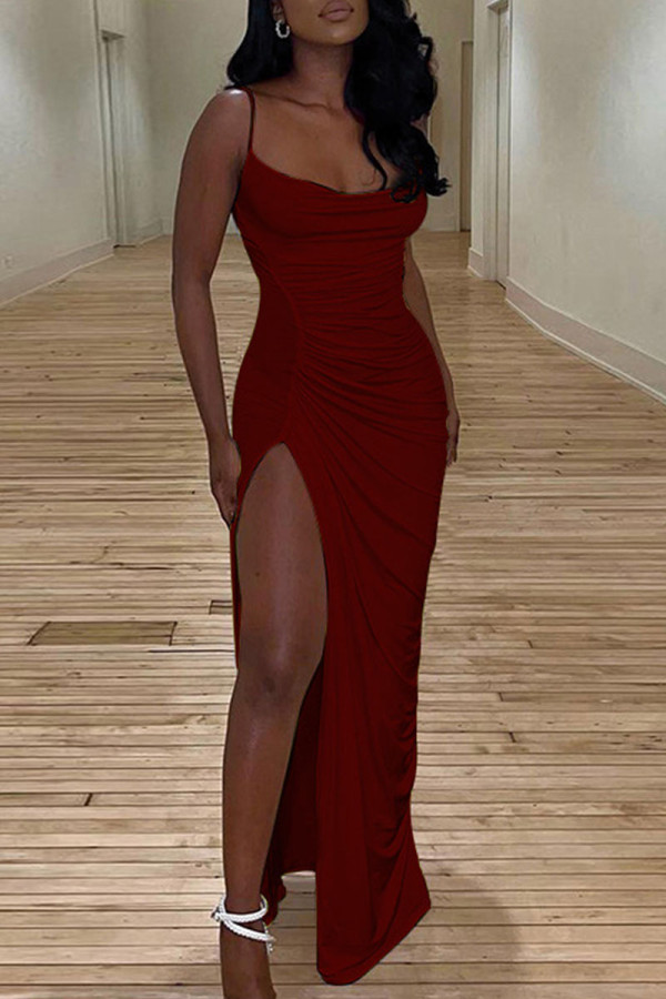 Burgundy Sexy Solid Patchwork Slit Fold Spaghetti Strap Sling Dress Dresses
