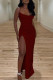 Burgundy Sexy Solid Patchwork Slit Fold Spaghetti Strap Sling Dress Dresses