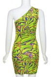 Green Sexy Print Backless Oblique Collar Sleeveless Dress Dresses