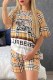 Khaki Casual Print Patchwork Letter O Neck Short Sleeve Two Pieces