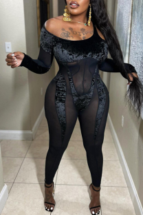 Black Sexy Patchwork See-through Mesh One Shoulder Skinny Jumpsuits