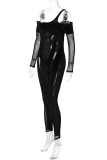 Black Sexy Patchwork See-through Mesh One Shoulder Skinny Jumpsuits