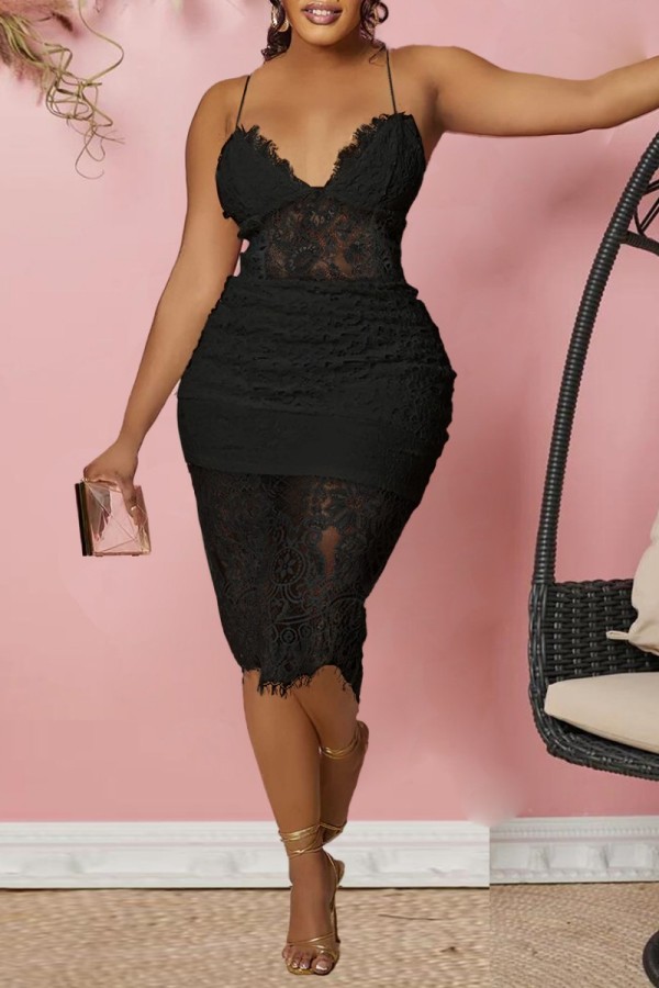 Black Sexy Casual Solid See-through Backless V Neck Sling Dress Dresses