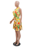 Yellow Casual Print Patchwork Turtleneck Sleeveless Dress Dresses