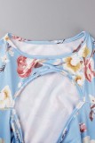 Blue Sexy Print Hollowed Out O Neck Long Sleeve Dresses