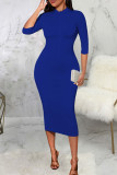 Blue Sexy Solid Patchwork Draw String Backless Zipper Collar Pencil Skirt Dresses