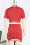 Red Casual Solid Patchwork Slit O Neck Short Sleeve Two Pieces