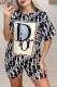 Black Casual Print Letter O Neck Short Sleeve Two Pieces
