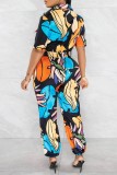 Blue Casual Print Patchwork Turndown Collar Regular Jumpsuits