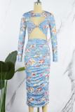 Blue Sexy Print Hollowed Out O Neck Long Sleeve Dresses