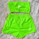 Fluorescent Green Casual Letter Embroidered Strapless Sleeveless Two Pieces