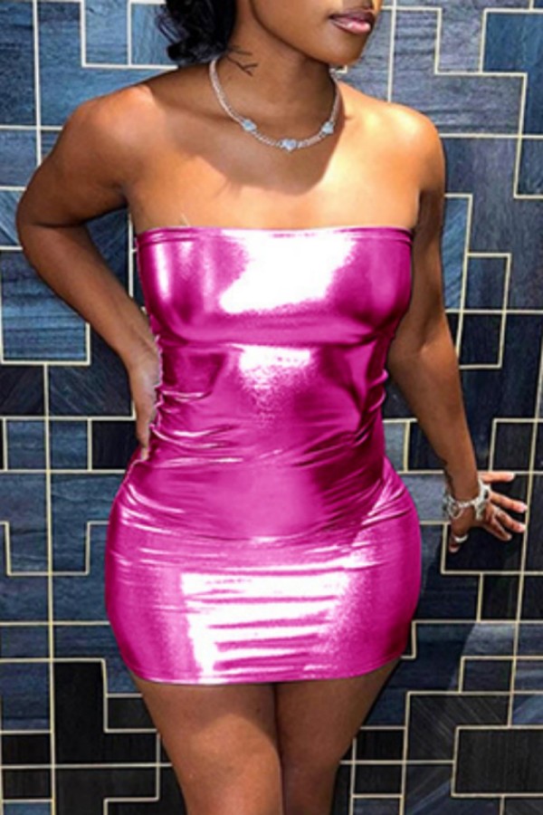 Rose Red Sexy Solid Backless Strapless Sleeveless Dress Dresses