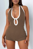Brown Sexy Solid Hollowed Out Patchwork Backless Halter Skinny Rompers