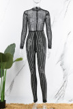 Red Sexy Patchwork Hot Drilling See-through Half A Turtleneck Skinny Jumpsuits