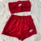 Purplish Red Casual Letter Embroidered Strapless Sleeveless Two Pieces