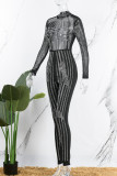 Red Sexy Patchwork Hot Drilling See-through Half A Turtleneck Skinny Jumpsuits