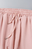 Pink Casual Solid Patchwork Buckle Slit Turndown Collar Short Sleeve Two Pieces
